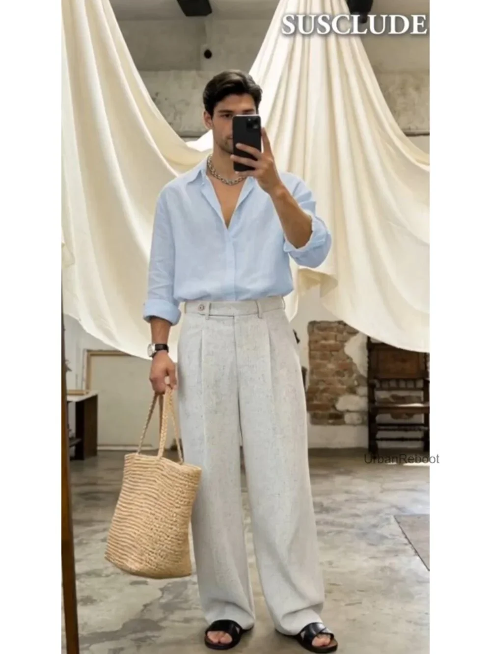 Mens Linen Casual Dress Pants Baggy Pleated Old Money Wide Leg Slacks Relaxed